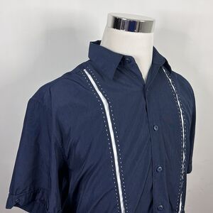 Cubavera Medium Guayabera Shirt Short Sleeve Navy Blue White Striped Polyester